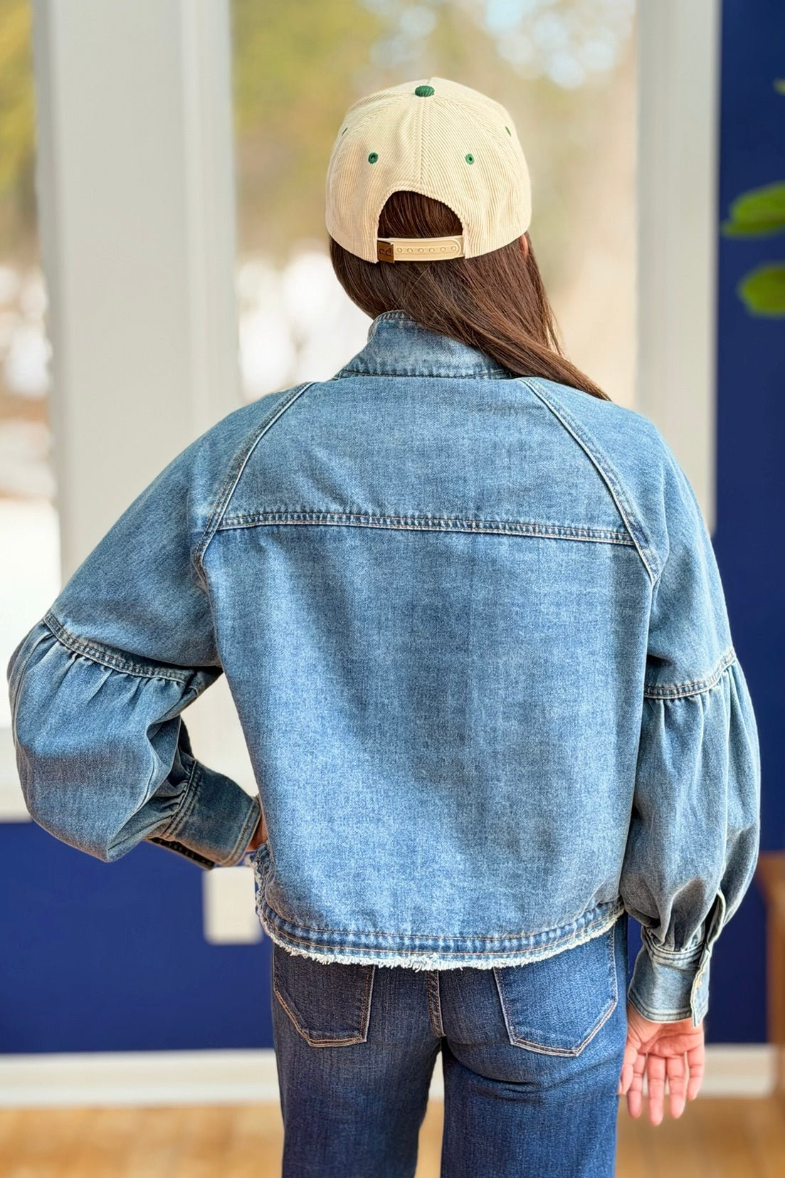 Balloon Sleeve Denim Jacket Drawstring Waist