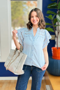 Swiss Dot Eyelet Top - Blue