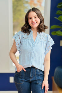 Swiss Dot Eyelet Top - Blue
