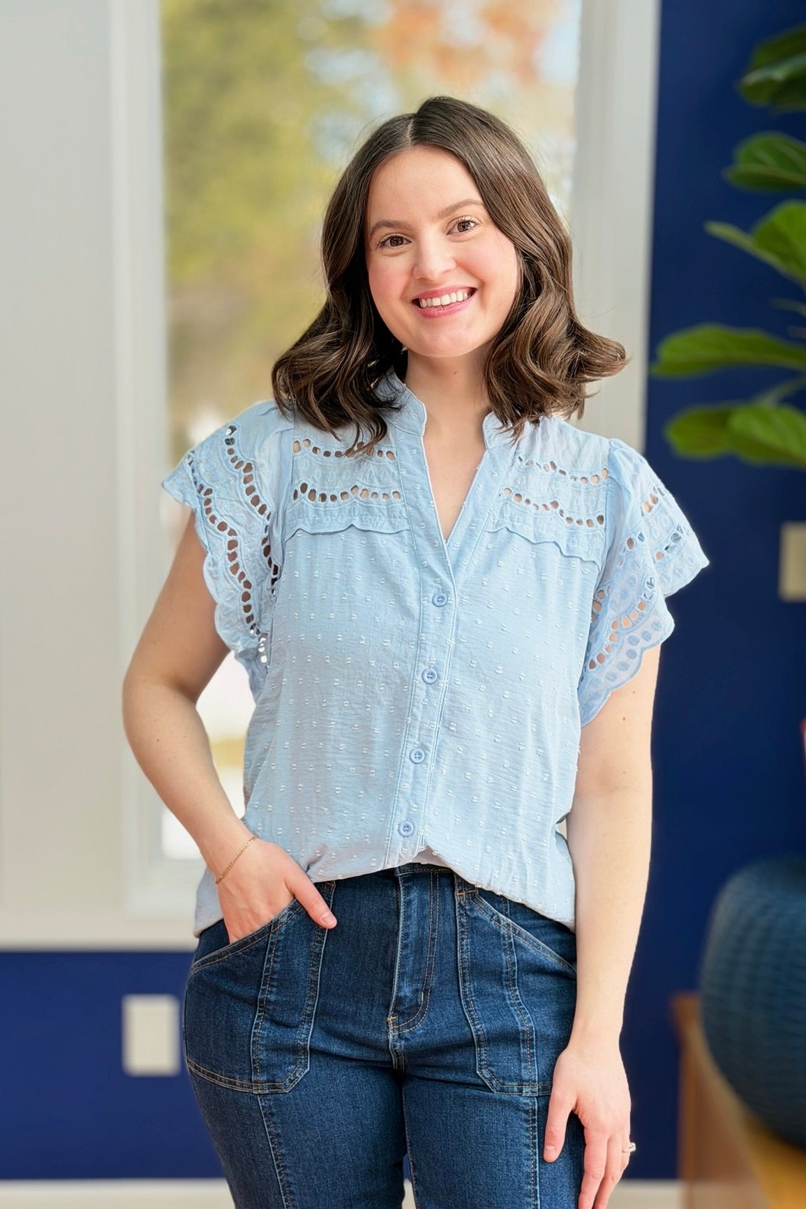 Swiss Dot Eyelet Top - Blue
