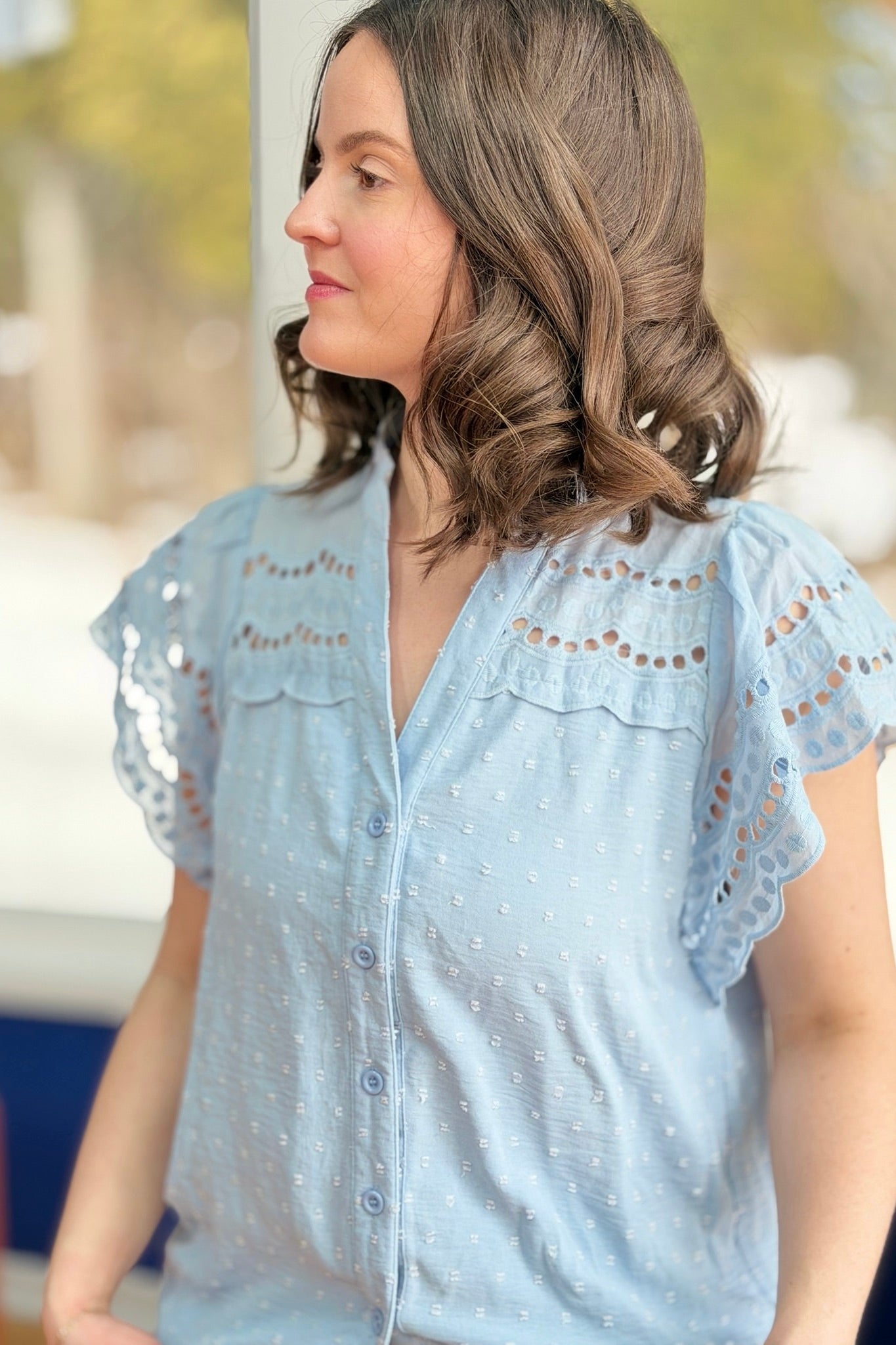 Swiss Dot Eyelet Top - Blue