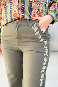 Floral Embroidered Cropped Pants - Olive