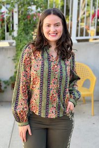 Floral Border Print Button Up Top
