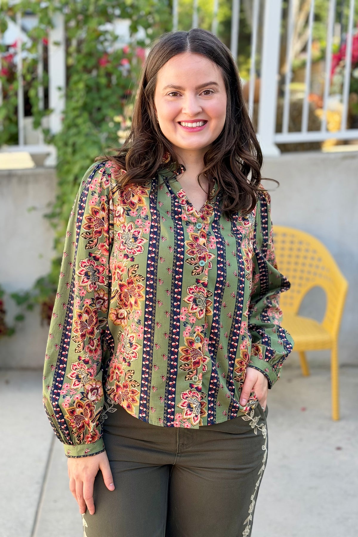 Floral Border Print Button Up Top