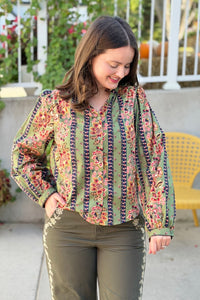 Floral Border Print Button Up Top