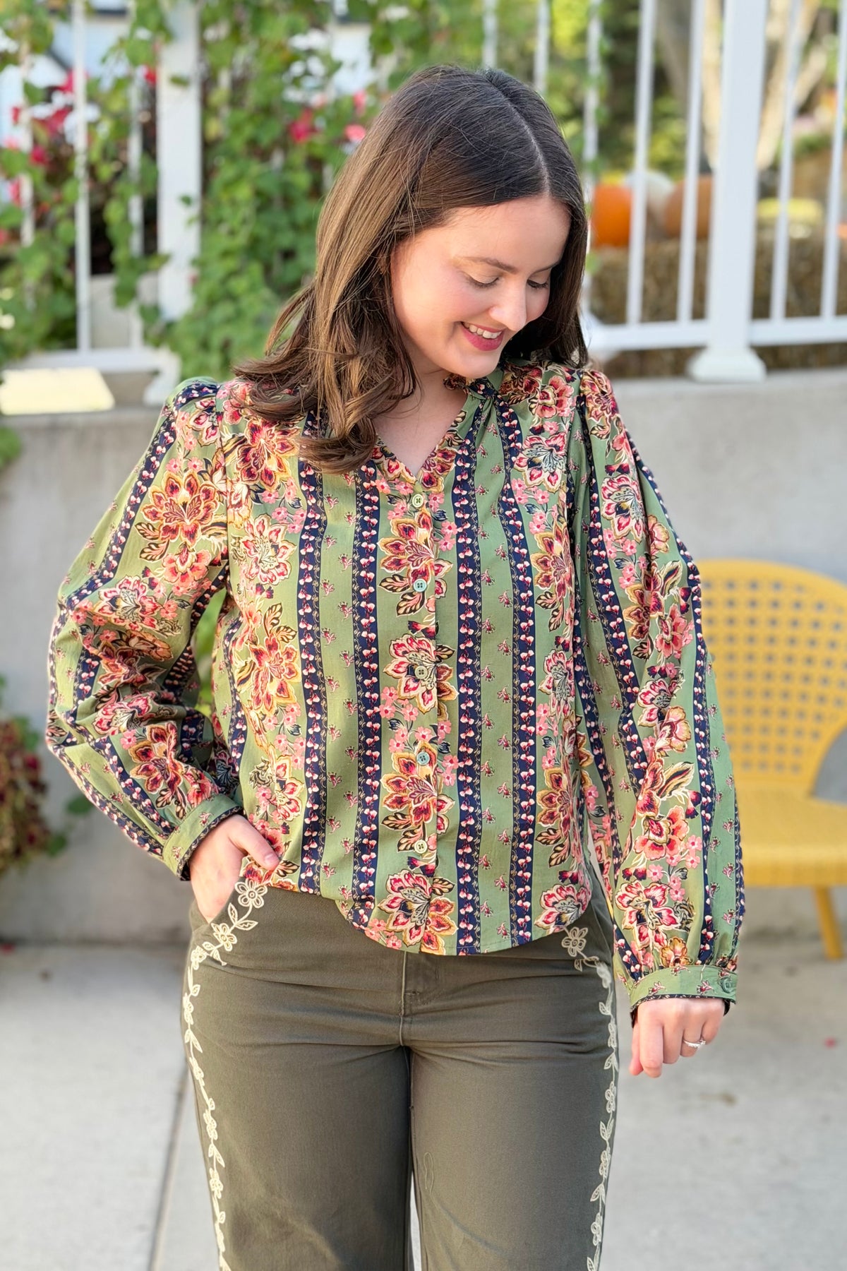 Floral Border Print Button Up Top