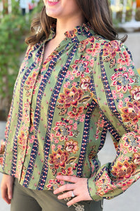 Floral Border Print Button Up Top