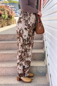 Boho Floral Jacquard Barrel Pants - Brown