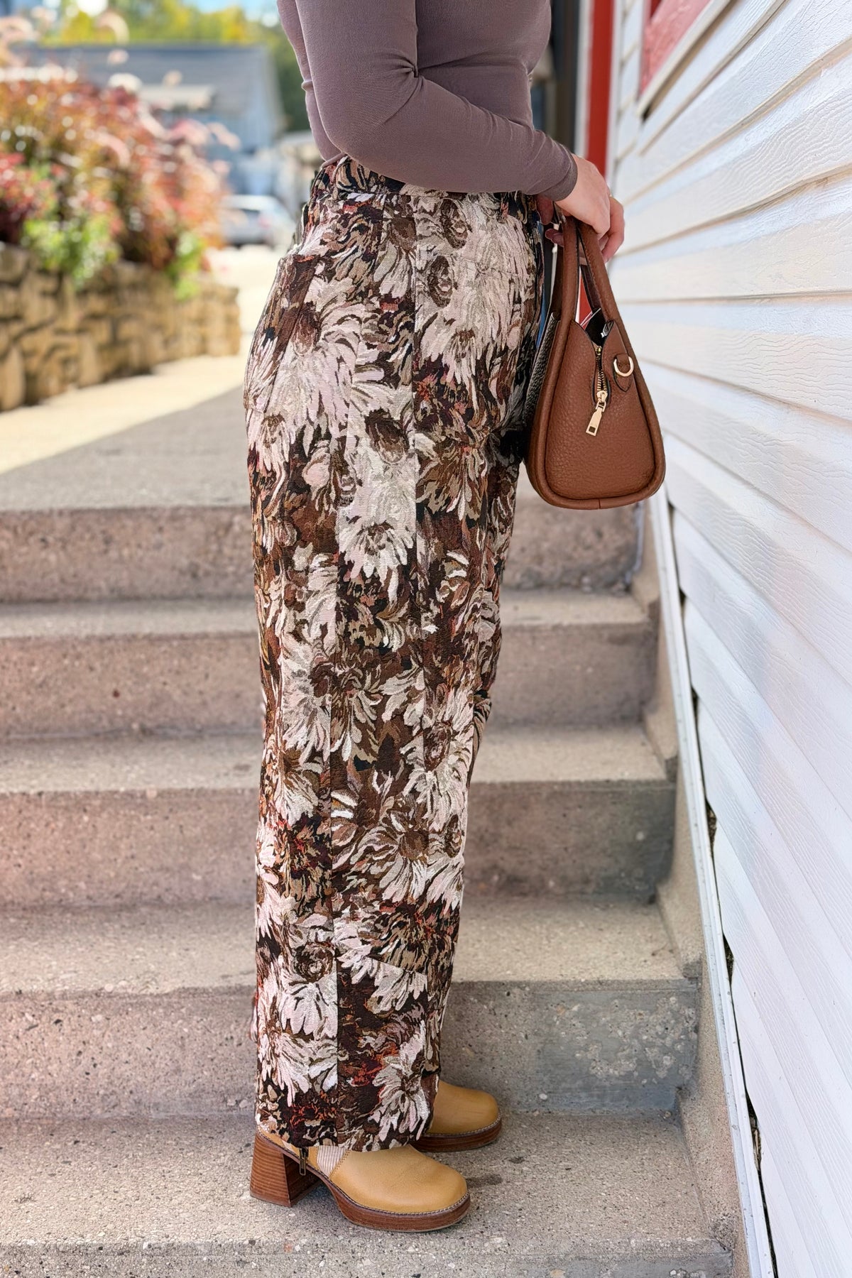 Boho Floral Jacquard Barrel Pants - Brown