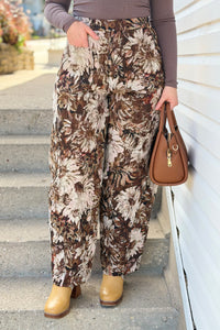 Boho Floral Jacquard Barrel Pants - Brown