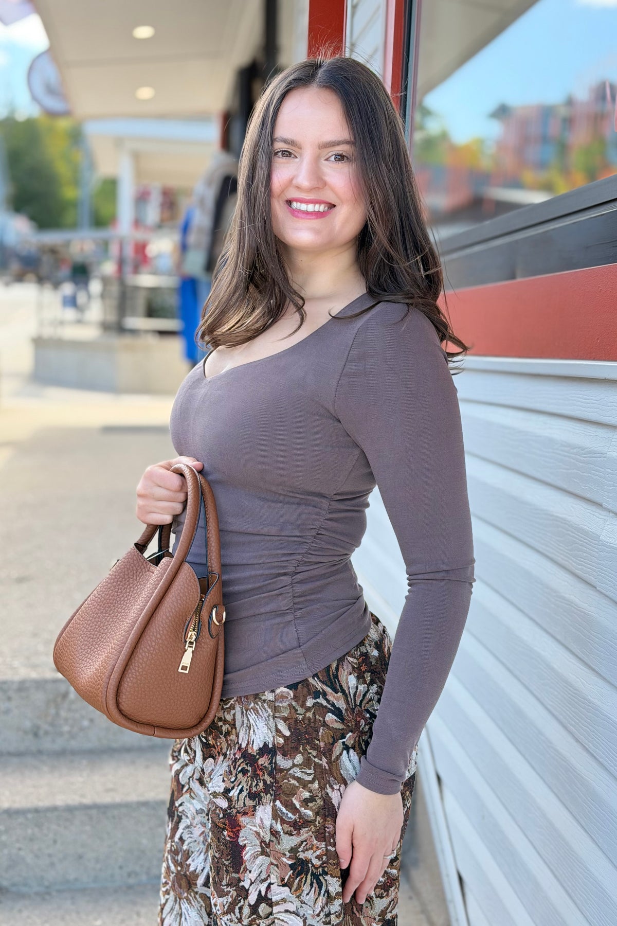 Side Ruched Sweetheart Top - Brown