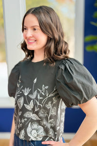 Contrast Botanical Print Puff Sleeve Top
