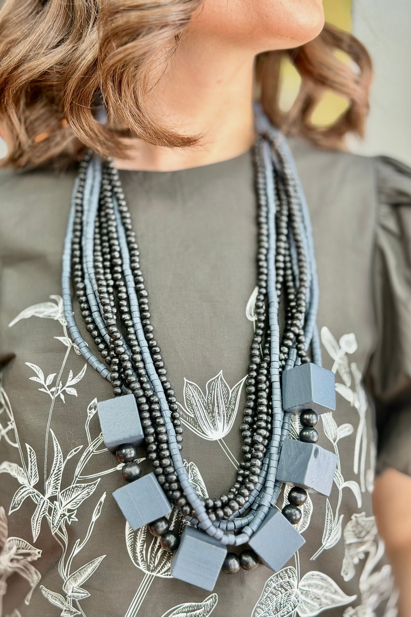 Square Wood Multi-Layer Wooden Bead Necklace