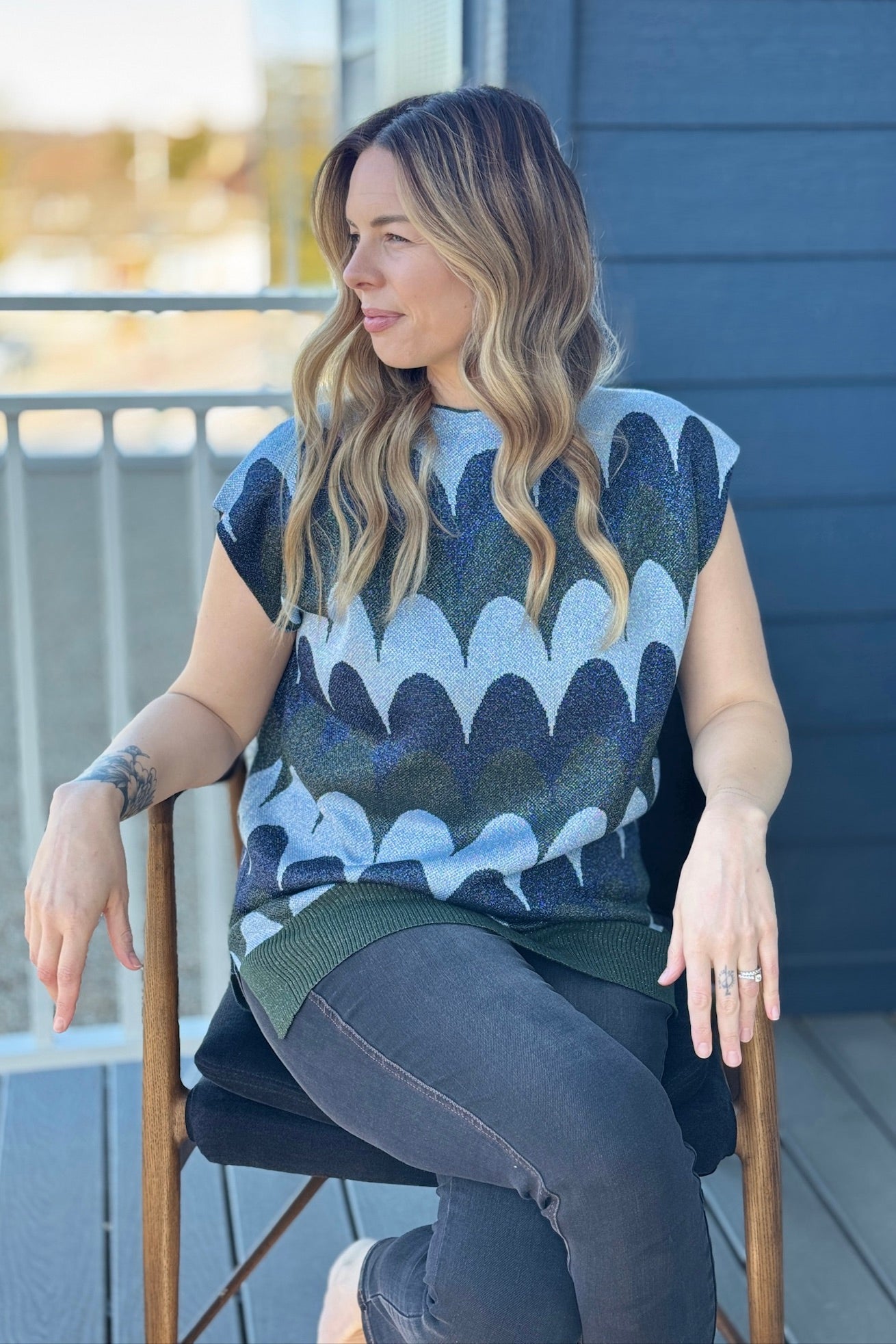 Bold Scallop Wave Mock Neck Top