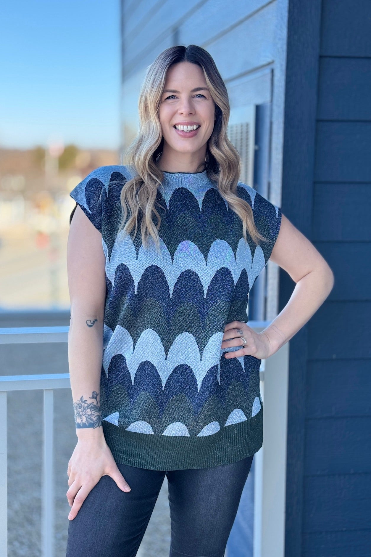 Bold Scallop Wave Mock Neck Top