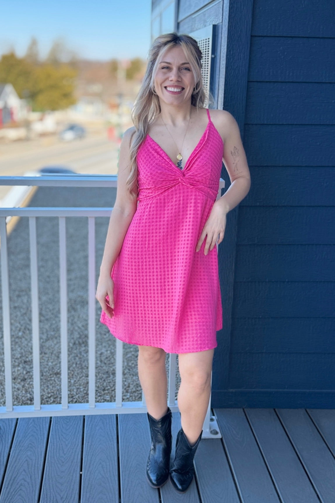 Two Tone Checkered Dress - Pink