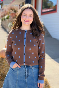 Polka Dot Contrast Cardigan - Brown