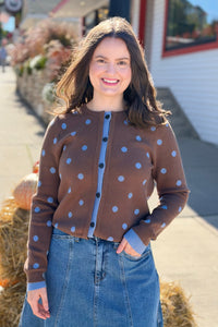 Polka Dot Contrast Cardigan - Brown