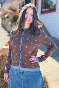 Polka Dot Contrast Cardigan - Brown
