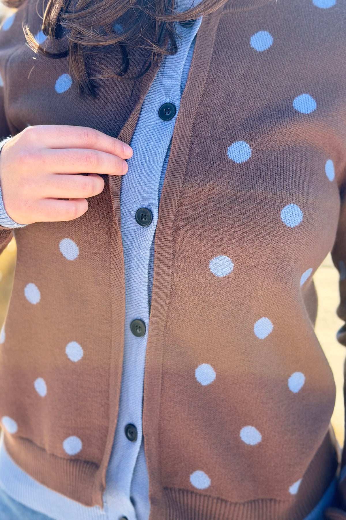 Polka Dot Contrast Cardigan - Brown