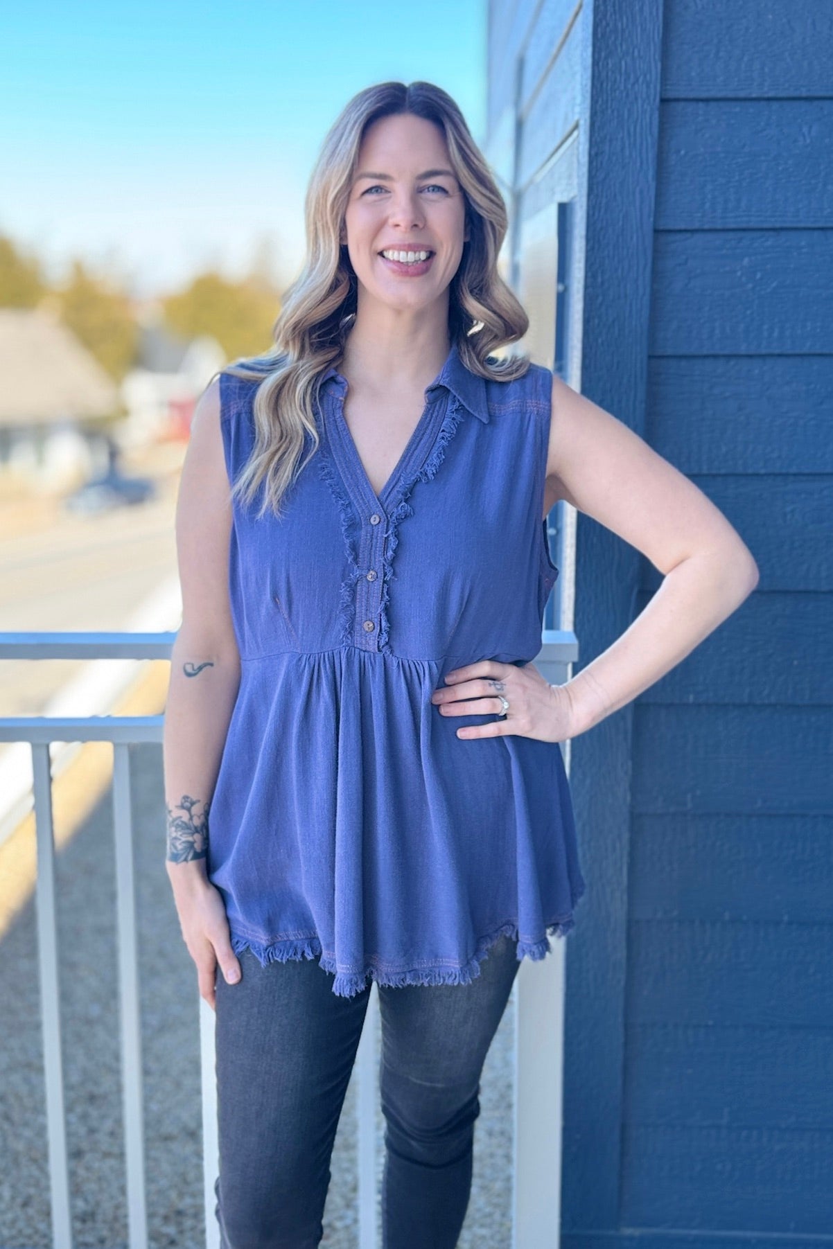 Sleeveless Tunic Fray Details - Denim