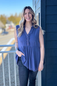 Sleeveless Tunic Fray Details - Denim