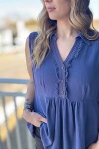 Sleeveless Tunic Fray Details - Denim