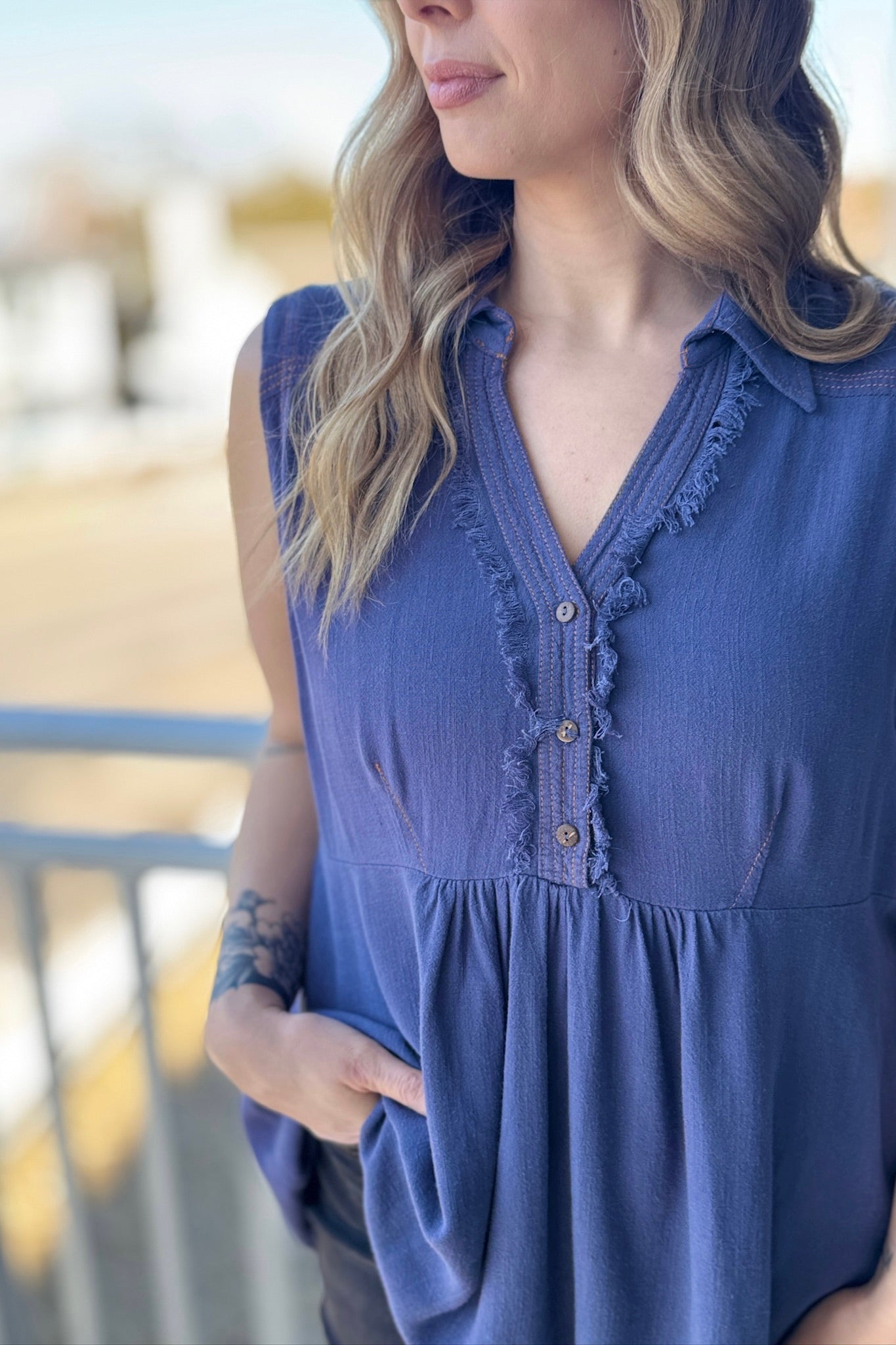 Sleeveless Tunic Fray Details - Denim