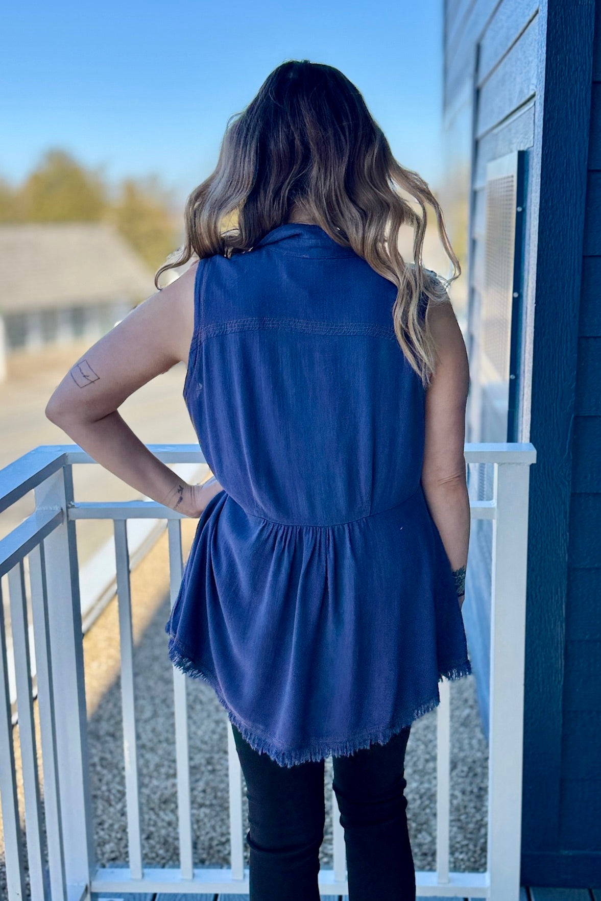 Sleeveless Tunic Fray Details - Denim