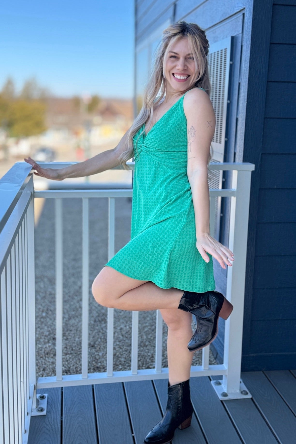 Two Tone Checkered Dress - Green