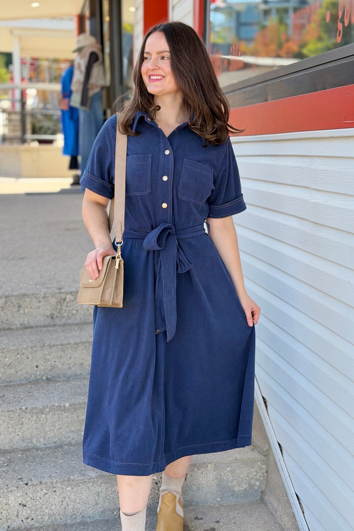 Button Down Corduroy Shirt Dress - Navy