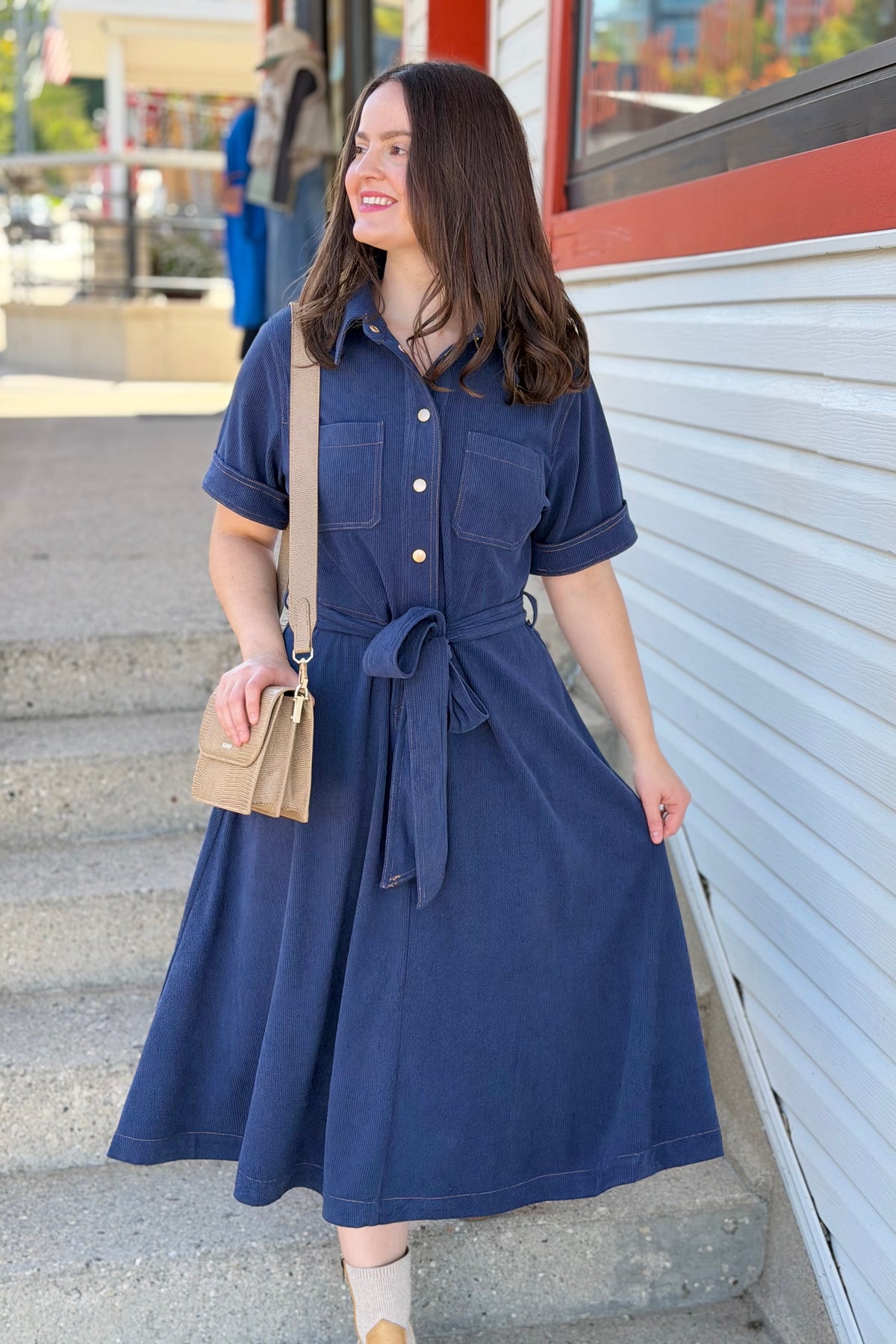 Button Down Corduroy Shirt Dress - Navy