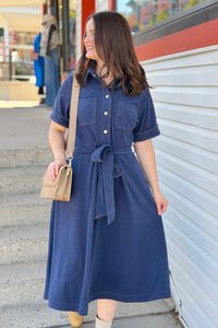 Button Down Corduroy Shirt Dress - Navy