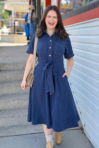 Button Down Corduroy Shirt Dress - Navy