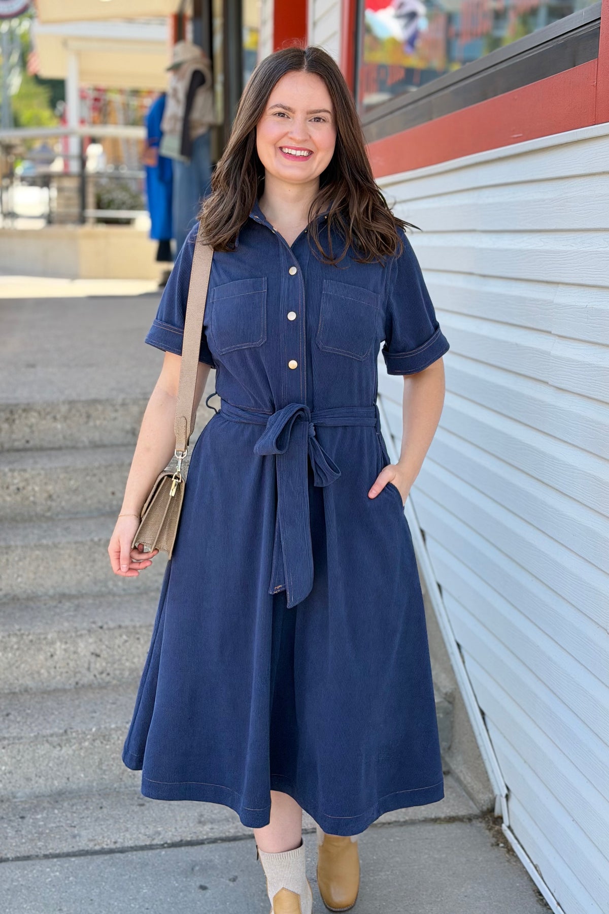 Button Down Corduroy Shirt Dress - Navy