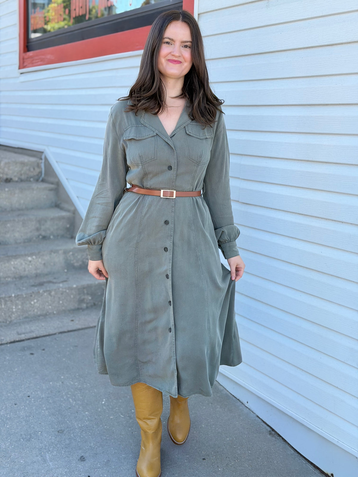 Button Down Shirt Dress - Olive