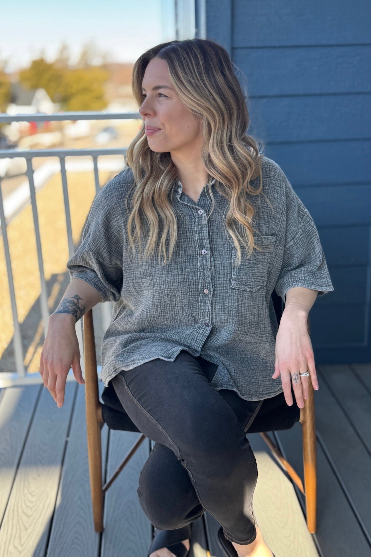Cotton Button Up Top - Charcoal