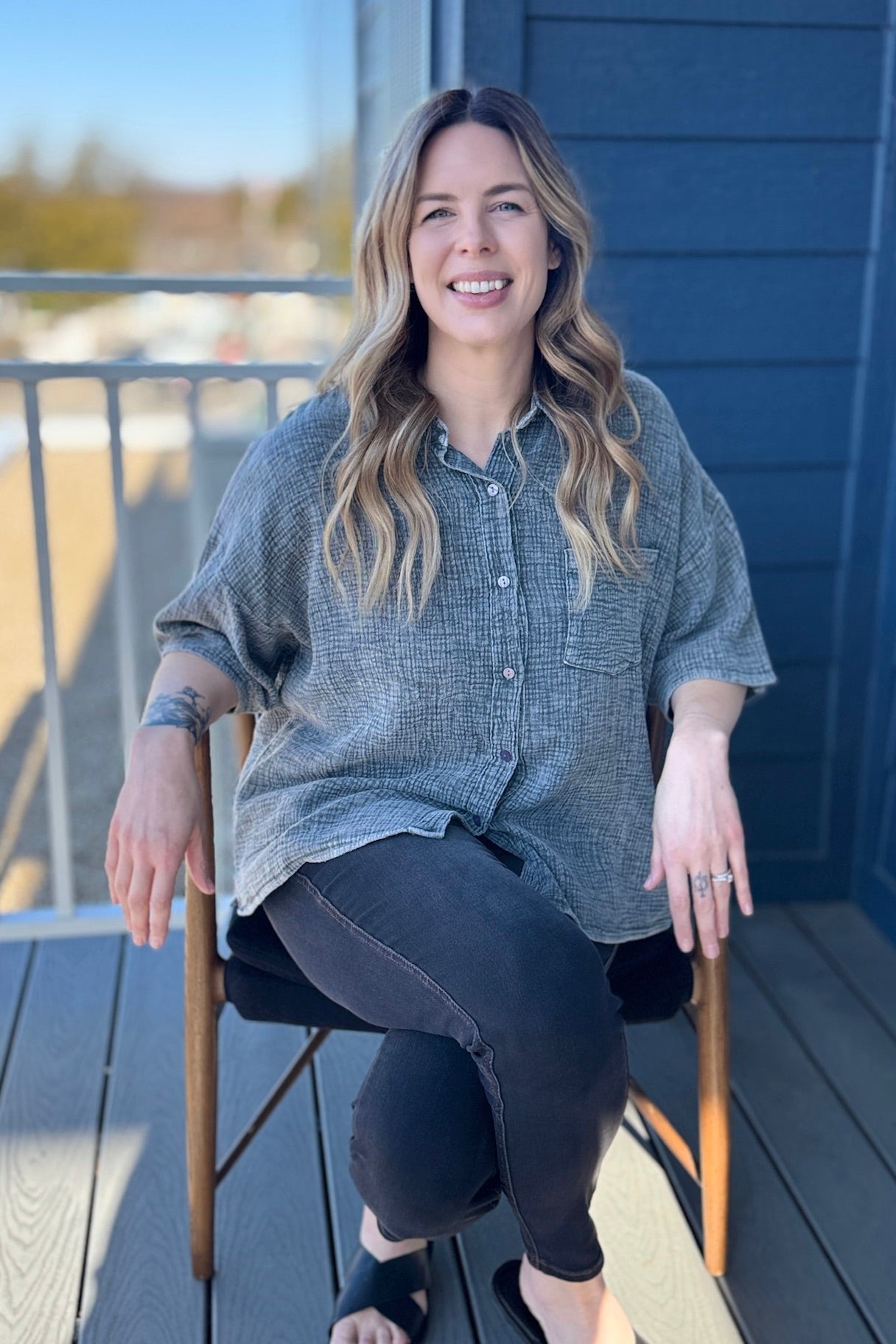 Cotton Button Up Top - Charcoal