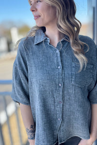 Cotton Button Up Top - Charcoal