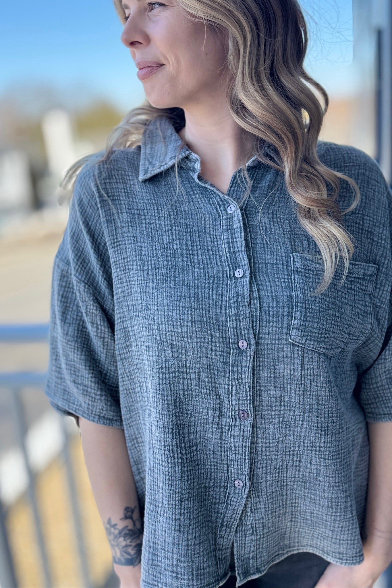 Cotton Button Up Top - Charcoal