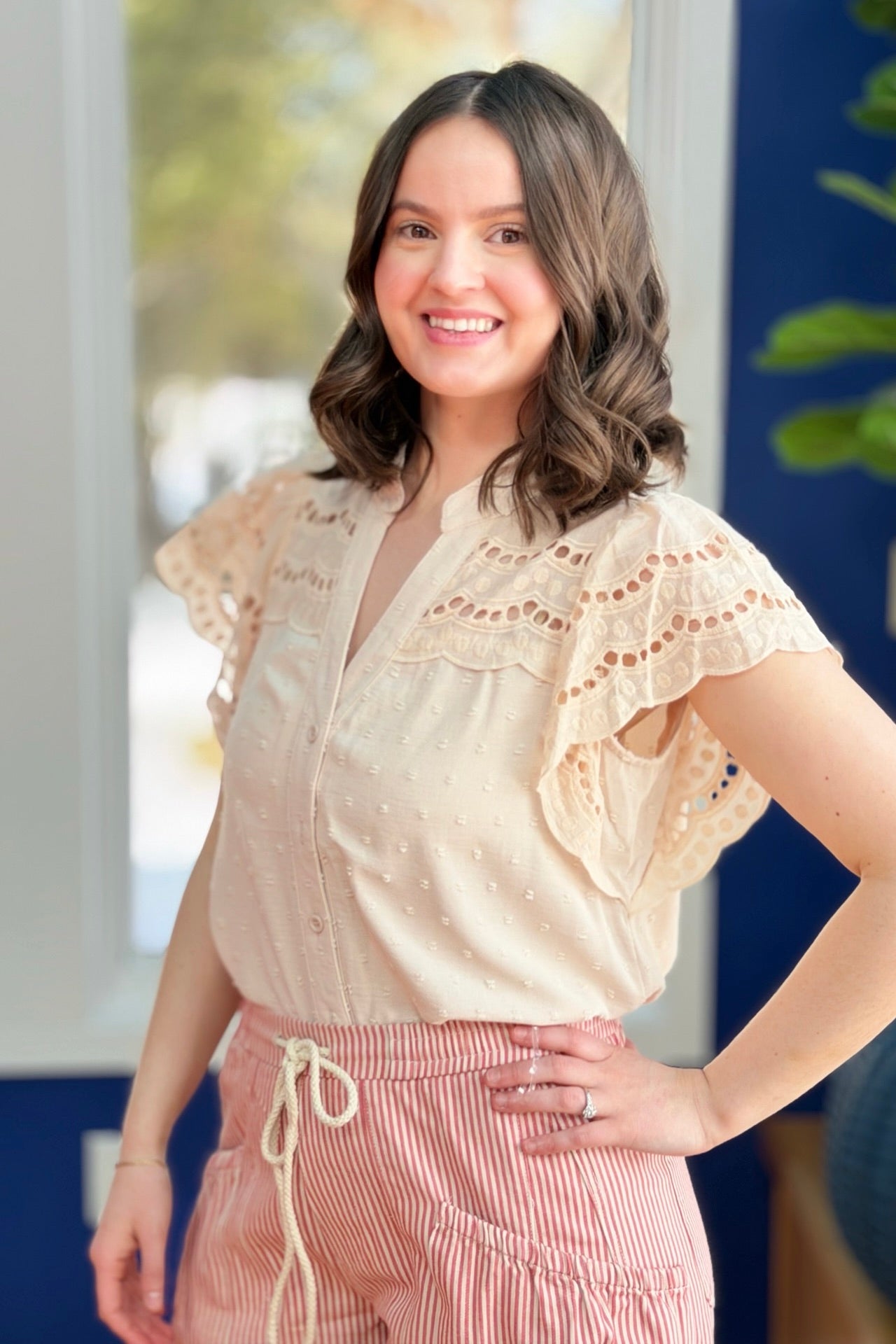 Swiss Dot Eyelet Top - Beige