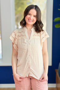 Swiss Dot Eyelet Top - Beige