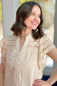 Swiss Dot Eyelet Top - Beige