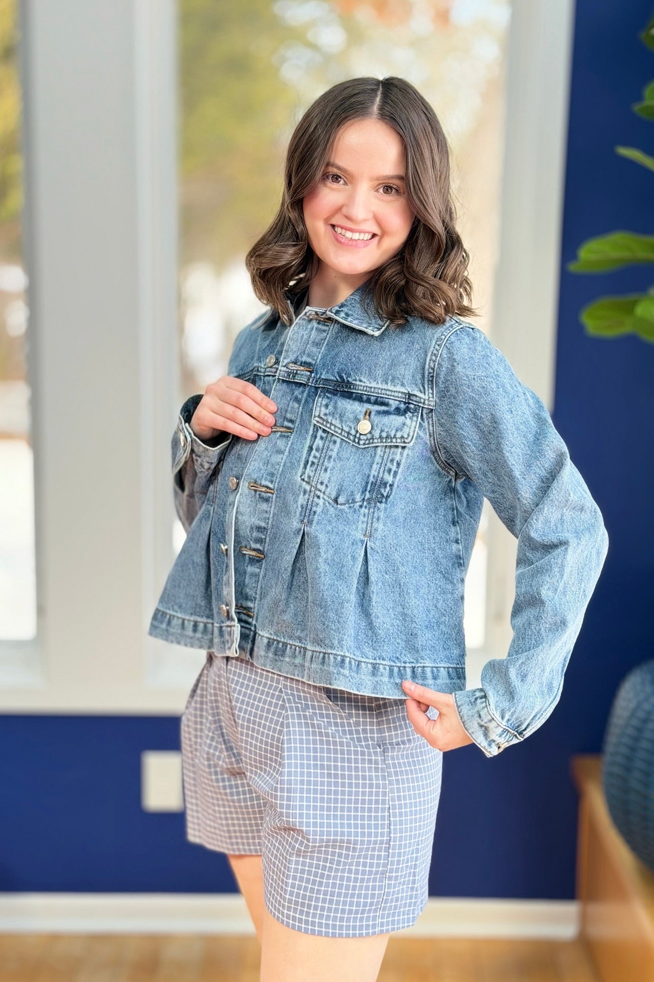 Pleated A-Line Denim Jacket