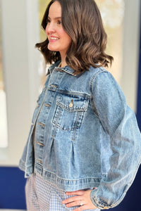 Pleated A-Line Denim Jacket