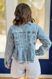 Pleated A-Line Denim Jacket