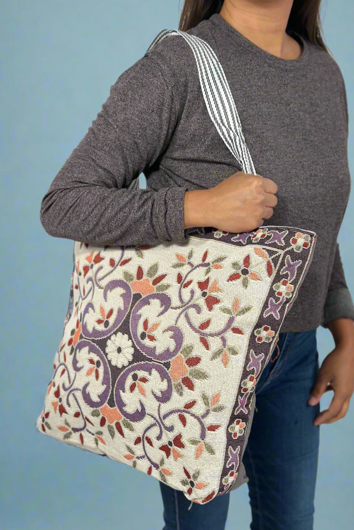 Retro Embroidered Canvas Tote - Purple