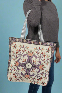 Retro Embroidered Canvas Tote - Purple