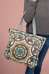 Retro Embroidered Canvas Tote - Red