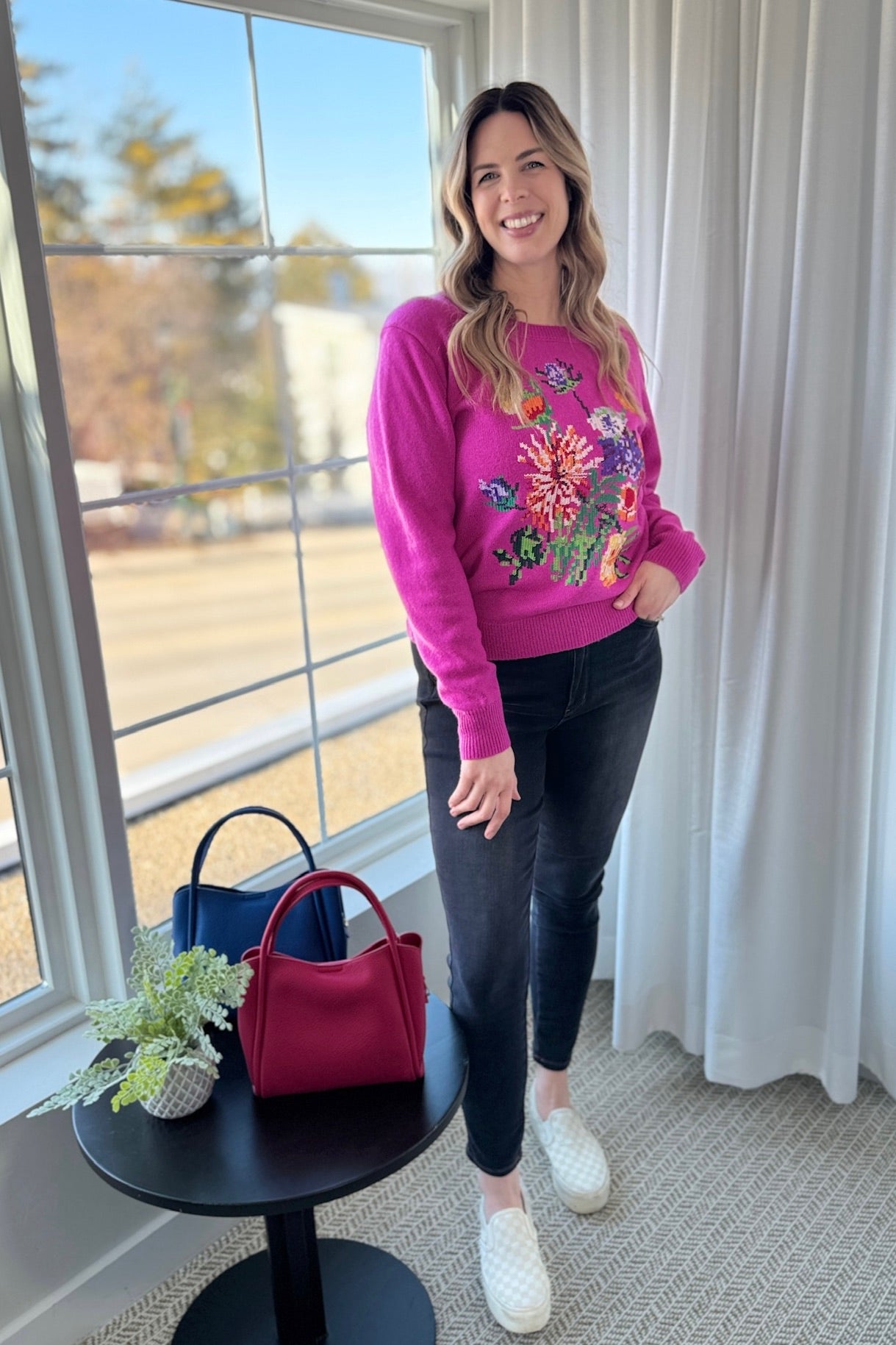 Floral Embroidered Pixel Knit Sweater